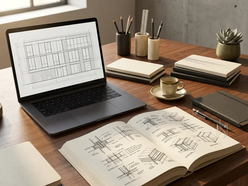 آموزش تخصصی نما — لپ‌تاپ با نقشه نما و کتاب معماری